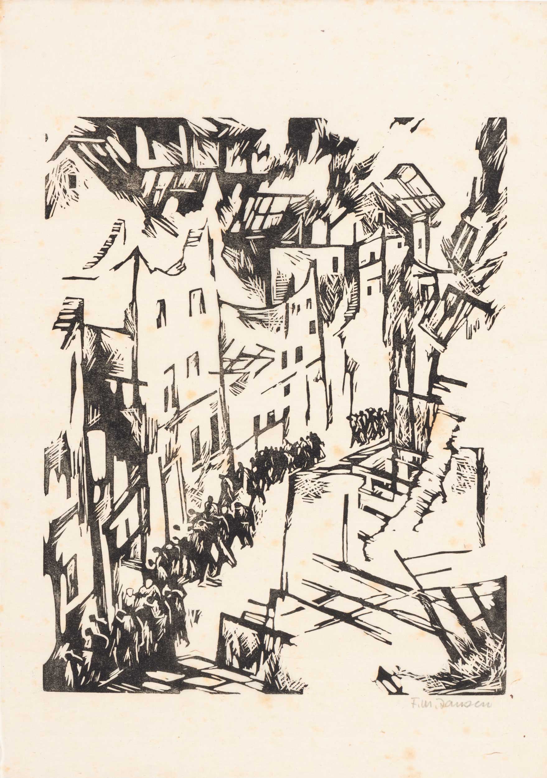 Franz M. Jansen, Die brennende Stadt, from the portfolio “Der Krieg” (22 linocuts), 2016