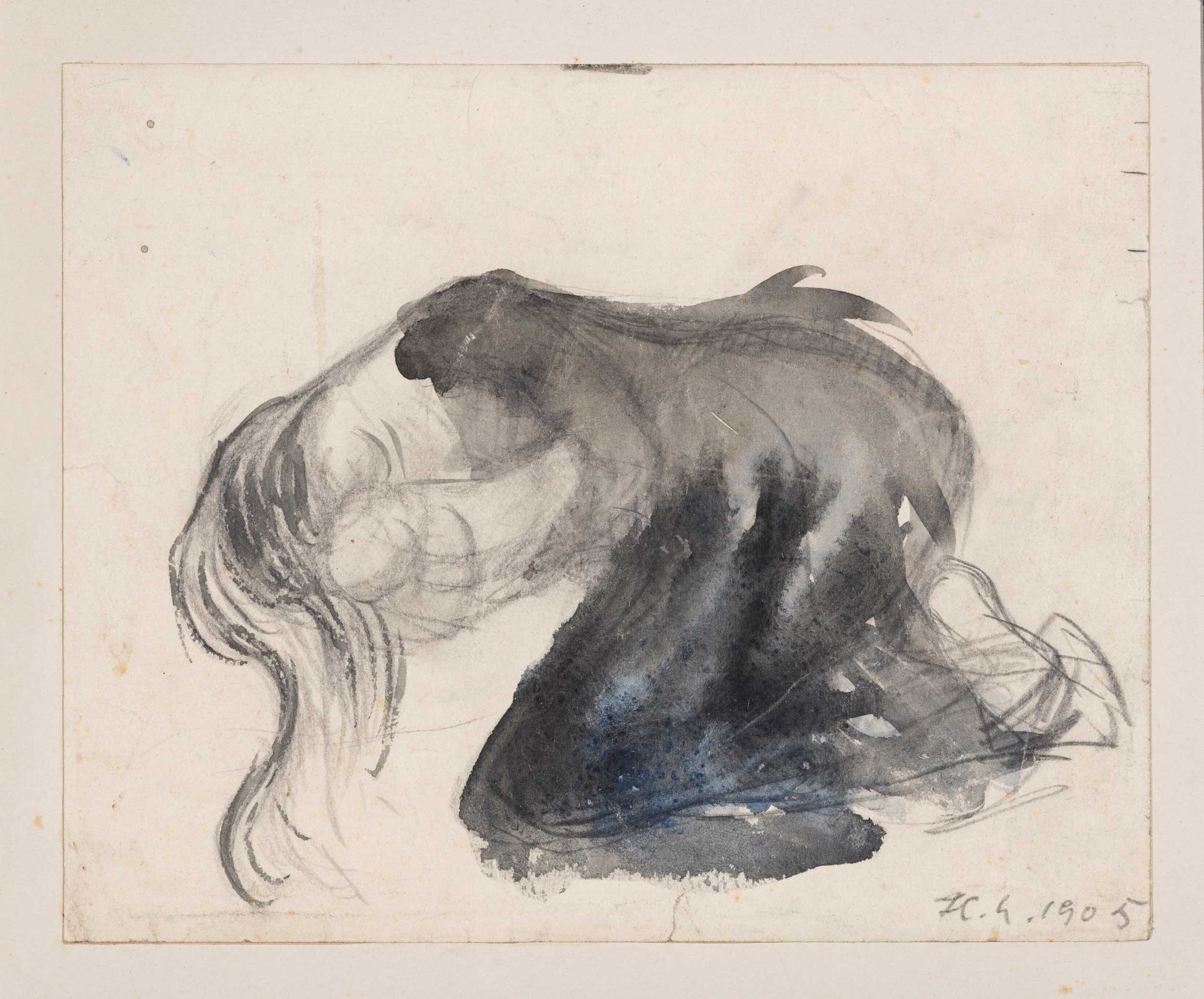 Heinrich Nauen, Knieendes und sich vorbeugendes Mädchen, 1905